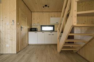 Krynica Family House في كرينيتا مورسكا: مطبخ بجدران خشبية ودرج في الغرفة