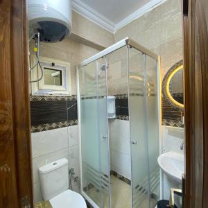 a bathroom with a shower and a toilet and a sink at Sunny airport studio New Cairo in Cairo +115 photos