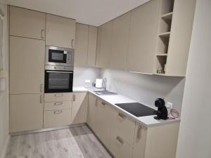 une cuisine avec des armoires blanches et un appareil noir dans l'établissement Apartman RONI, à Zagreb