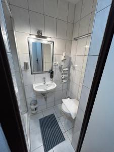 a bathroom with a sink and a mirror and a toilet at WestEnd#104 in Frankfurt