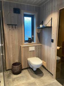 a bathroom with a toilet and a window at Hjortehytte in Åfarnes