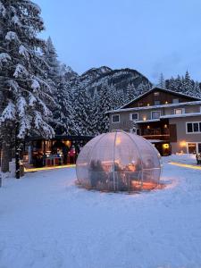 a large glass dome in the snow in front of a building at Chalet Queen in Canazei