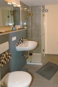 a bathroom with a toilet and a sink and a shower at Herbstzimmer in Homburg