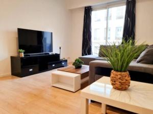 a living room with a couch and a tv at Appartement Nice avec balcon et parking privé in Nice