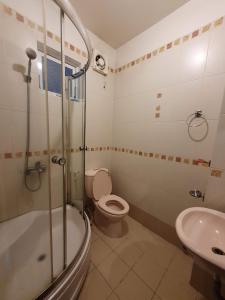 a bathroom with a shower and a toilet and a sink at Wind Hotel in Ho Chi Minh City