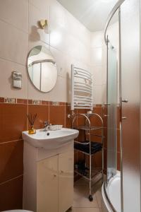 考斯赛力克Willa Pod Smrekami的浴室配有洗手池、镜子和淋浴。 更多12张照片