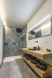 uma casa de banho com um lavatório e um chuveiro em Bleekhoeve em Olen
