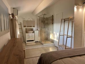 1 dormitorio con ducha y 1 cama en una habitación en Le Mazet au Lavandou, en Le Lavandou 16 fotos más