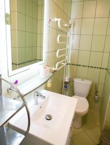 y baño con lavabo, aseo y espejo. en Gästehaus Mariola en Wulkaprodersdorf