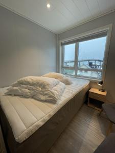 a large bed in a room with a large window at Vestfjordgata Apartment 12 in Svolvær