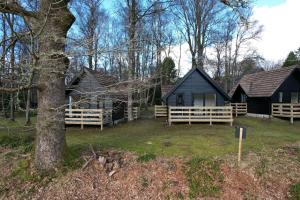 um grupo de chalés na floresta com uma árvore em Burnbank Lodges em Spean Bridge