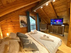 una camera da letto con un letto e una TV a schermo piatto di LE RENNE Chalet en bois au calme avec SPA Jacuzzi a La Bresse