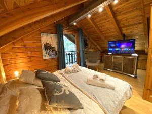 una camera con letto e TV a schermo piatto di LE RENNE Chalet en bois au calme avec SPA Jacuzzi a La Bresse