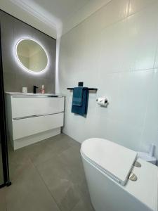 La salle de bains blanche est pourvue de toilettes et d'un miroir. dans l'établissement Emu Retreat B&B, à Tailem Bend