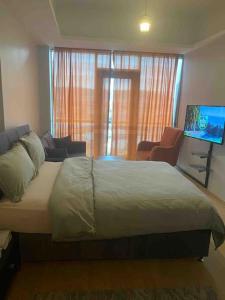 a bedroom with a large bed and a television at Atasehir rezidans in Istanbul