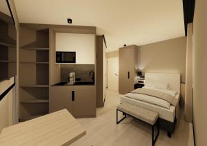 a small bedroom with a bed and a kitchen at Residenz Wessinger, Neu-Isenburg in Neu Isenburg +19 photos