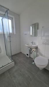 y baño con ducha, aseo y lavamanos. en Moderne Wohnung mit Gartenzugang, en Essen