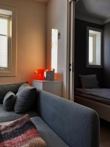 een woonkamer met een bank en een bed bij Hygge houses I Studio apartment in Lillestrøm I Solo or Couple in Lillestrøm