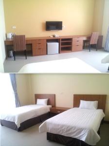 2 fotos de una habitación con 2 camas y TV en Polaris Hotel, 