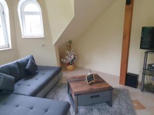 ein Wohnzimmer mit einem Sofa und einem Couchtisch in der Unterkunft Ferienhaus Star Villa-Pälitzsee in Großzerlang