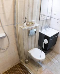 e bagno con servizi igienici, lavandino e doccia. di Studio A a Dubrovnik