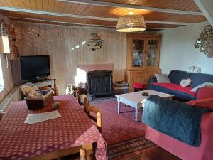 un soggiorno con divano e TV di La maison au cœur de la forêt a Rosporden