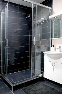a glass shower in a bathroom with a sink at Laganini, apartman 6 Tri Sky in Nova Gradiška