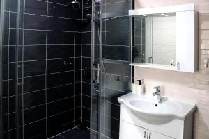 a black tiled bathroom with a sink and a shower at Laganini, apartman 6 Tri Sky in Nova Gradiška