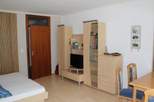 um quarto com uma cama e uma secretária com uma televisão em Appartement 21 em Sankt Martin bei Lofer
