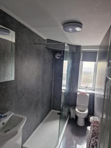 a bathroom with a shower and a toilet and a sink at Courtyard Cottage in Cartmel