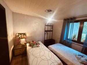 1 Schlafzimmer mit 2 Betten und einem Fenster in der Unterkunft LA MARIEFACTURE - Comme c'est Jungle in Hombourg-Haut