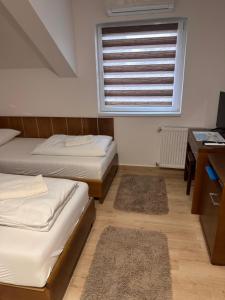 a bedroom with two beds and a window and a desk at Aqua terme Palic in Palić