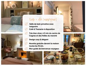 kolaż zdjęć sypialni z ulotką w obiekcie Bed & Breakfast Les Hauts de Cagnes vue mer et montagne w Cagnes-sur-Mer