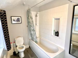 a bathroom with a toilet and a bath tub at The Horse & Jockey in Gainsborough