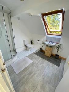 een badkamer met een toilet, een wastafel en een raam bij Camp Hillcrest, flat, 