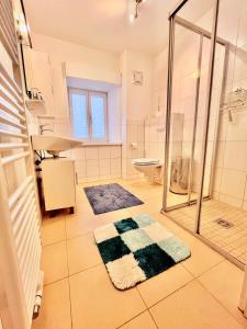 een badkamer met een douche, een wastafel en een toilet bij Obersdorfer Hof in Bad Mitterndorf