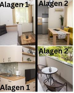 two pictures of a kitchen and a room at Alagen Apartments Burgas in Burgas City