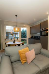 a living room with a gray couch with two pillows at Im Herzen der Stadt - EG Wohnung in Paderborn