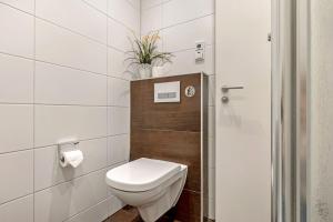 a bathroom with a toilet and a plant at Fewo Krabbe in Fehmarn