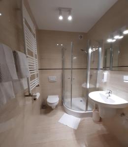 een badkamer met een douche, een toilet en een wastafel bij Apartament Szklar-Ski in Szklarska Poręba