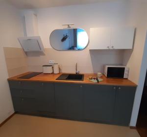 een kleine keuken met een wastafel en een spiegel bij Apartament Szklar-Ski in Szklarska Poręba