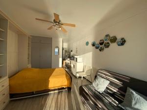 1 dormitorio con 1 cama y ventilador de techo en Studio pieds dans l'eau TIUCCIA, en Casaglione