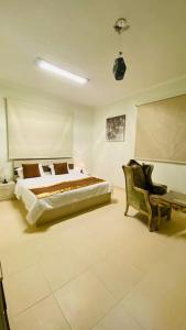 1 dormitorio con 1 cama y 1 silla en Palm Villa, en Al Ula