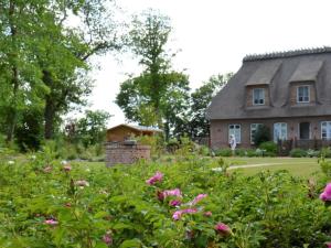 a house with a thatched roof and a garden with pink flowers at Cathedral day "Key West" in Kronsgaard