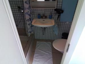 a small bathroom with a sink and a toilet at tiny flat in St. Gallen