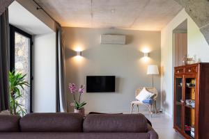 a living room with a couch and a tv on a wall at Guava Azores II in Ribeira das Tainhas