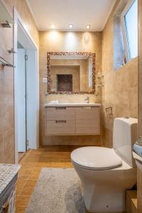 een badkamer met een toilet, een wastafel en een spiegel bij Family-friendly place steps from Mall of Sofia in Sofia
