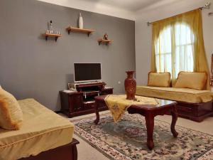 een woonkamer met een bank en een tv bij Appartement F3 équipé, spacieux près du centre in Biskra