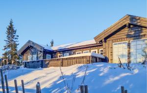 a large wooden house in the snow at Beautiful Home In Sjusjøen With Sauna in Sjusjøen +15 photos