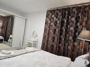 um quarto com uma cama com uma cortina e um espelho em Nana Apartaments em Cluj-Napoca